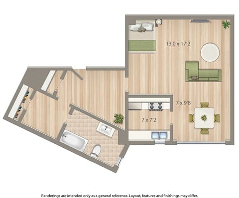 Floor plan for studio, 1 bath, 545 sqft